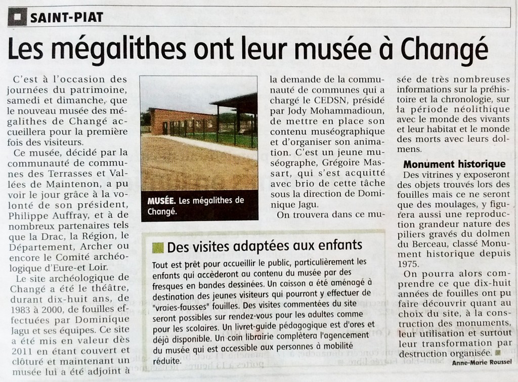 Article de l'Echo Républicain du 17/09/2015 - Les mégalithes ont leur musée à Changé