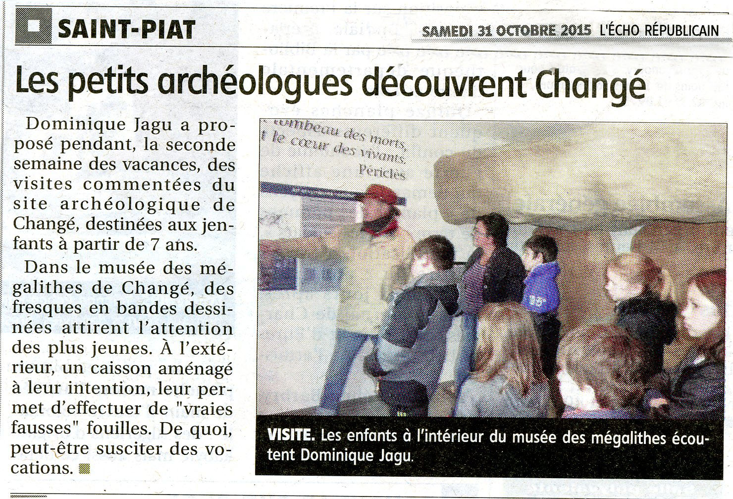 Musée des mégalithes de Changé - visites scolaires 28-29/10/2015 - article de l'Echo républicain